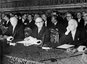 Signing of the Euratom Treaty in Rome, 25 March 1957. Britain has been a member since 1973, but Brexit and Brexatom are on course to bring this to an end in 2019/2020.